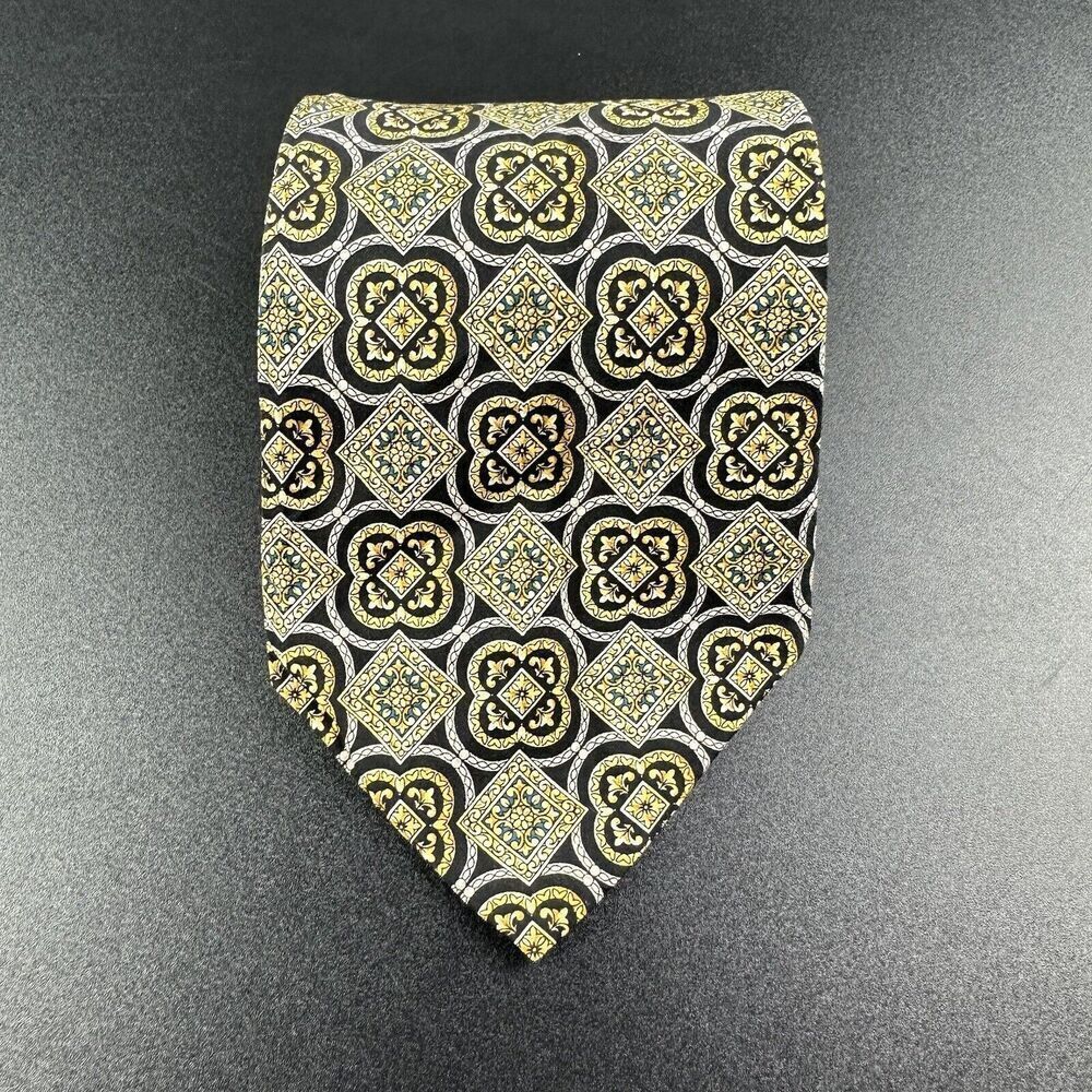 Christian Dior Silk Neck Tie Men Geometric Medallion Black Yellow Made in Canada